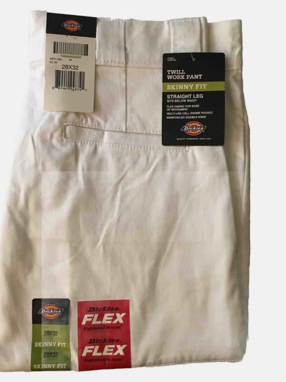 Dickies Men’s Work Pants Skinny Straight Double Knee White Flex Twill Slim 28x32